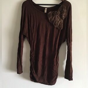 Women’s Long Sleeved Blouse with Bow Appliqué and Side Ruching.